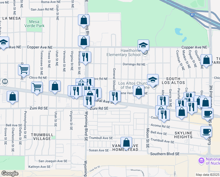 map of restaurants, bars, coffee shops, grocery stores, and more near 128 General Arnold Street Northeast in Albuquerque