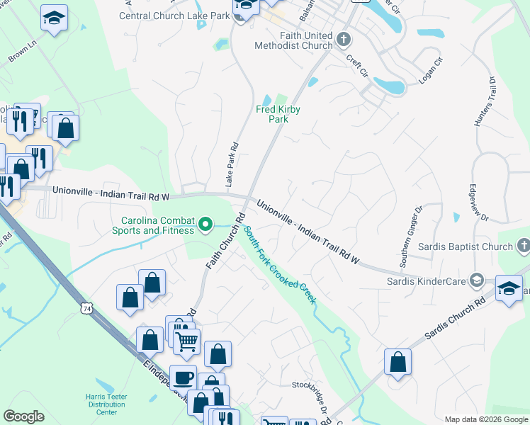 map of restaurants, bars, coffee shops, grocery stores, and more near 4210 Compton Court in Indian Trail