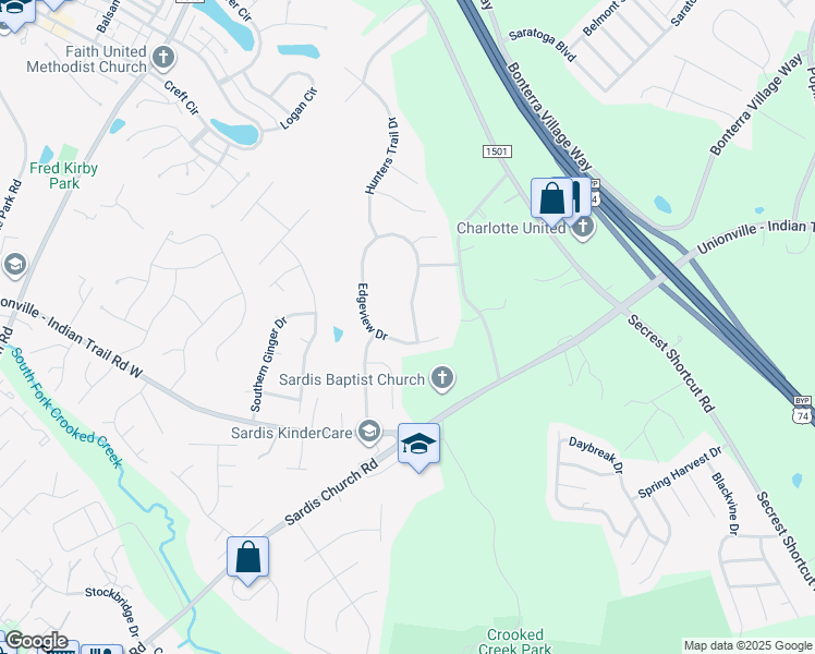 map of restaurants, bars, coffee shops, grocery stores, and more near 4102 Edgeview Drive in Indian Trail