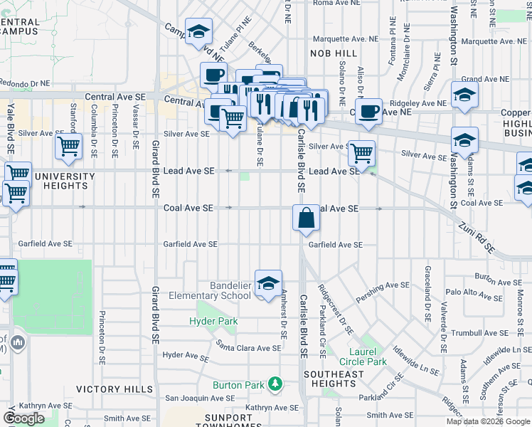 map of restaurants, bars, coffee shops, grocery stores, and more near 411 Amherst Drive Southeast in Albuquerque