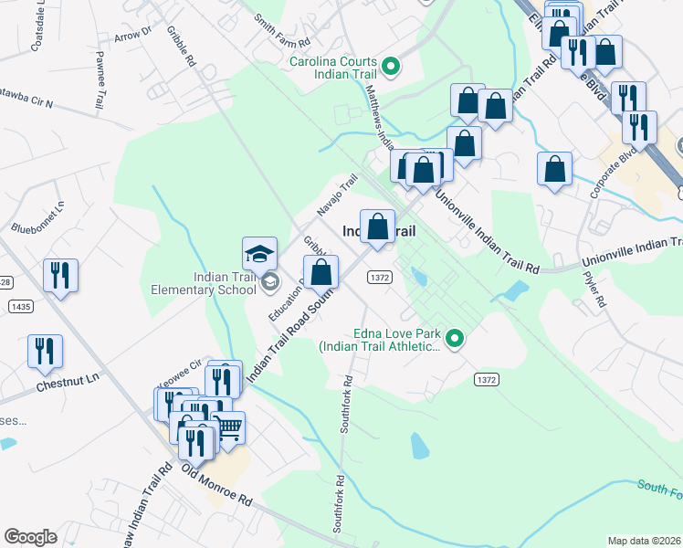 map of restaurants, bars, coffee shops, grocery stores, and more near 303 Indian Trail Road South in Indian Trail