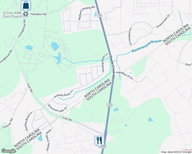map of restaurants, bars, coffee shops, grocery stores, and more near 12410 Hunting Birds Lane in Charlotte