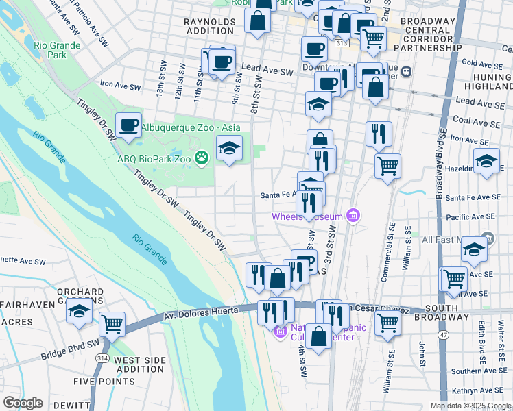 map of restaurants, bars, coffee shops, grocery stores, and more near 1006 8th Street Southwest in Albuquerque