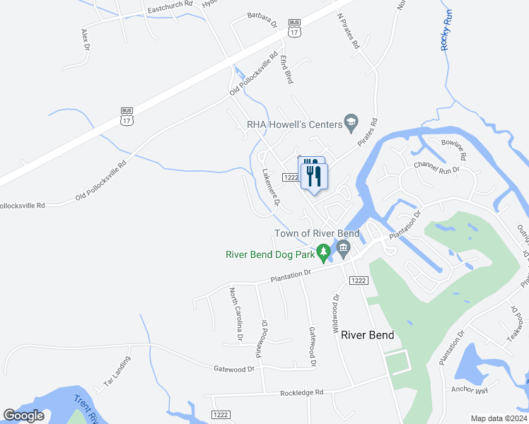 map of restaurants, bars, coffee shops, grocery stores, and more near 305 Lakemere Drive in New Bern