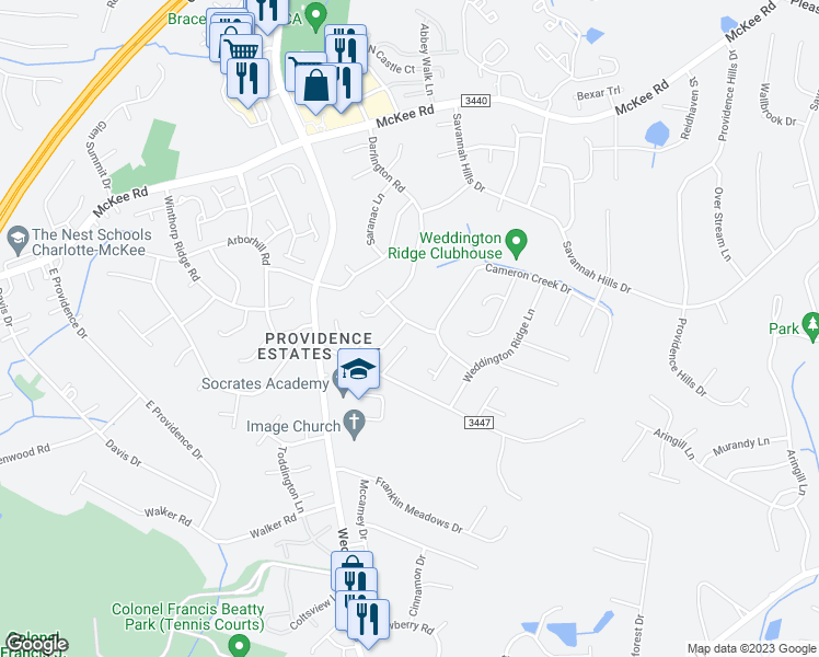map of restaurants, bars, coffee shops, grocery stores, and more near 2101 Big Pine Drive in Matthews
