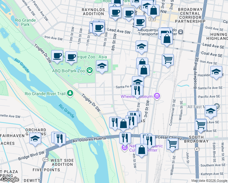 map of restaurants, bars, coffee shops, grocery stores, and more near 1006 8th Street Southwest in Albuquerque