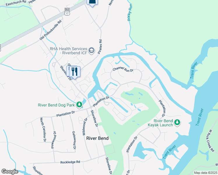 map of restaurants, bars, coffee shops, grocery stores, and more near 110 Sailors Court in New Bern