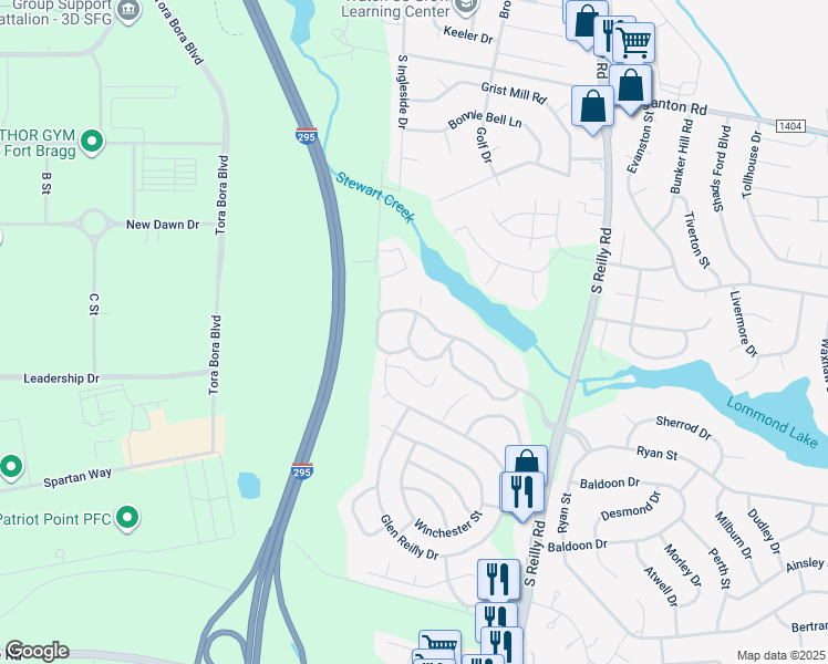 map of restaurants, bars, coffee shops, grocery stores, and more near 1022 Wood Creek Drive in Fayetteville
