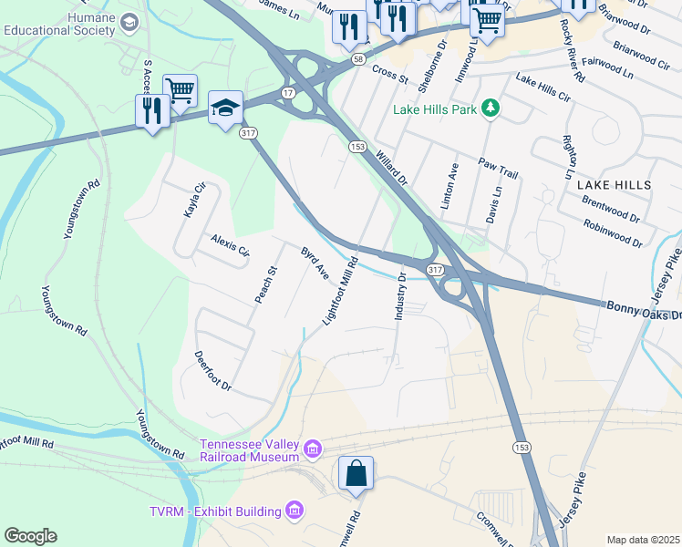 map of restaurants, bars, coffee shops, grocery stores, and more near 3922 Lightfoot Mill Road in Chattanooga