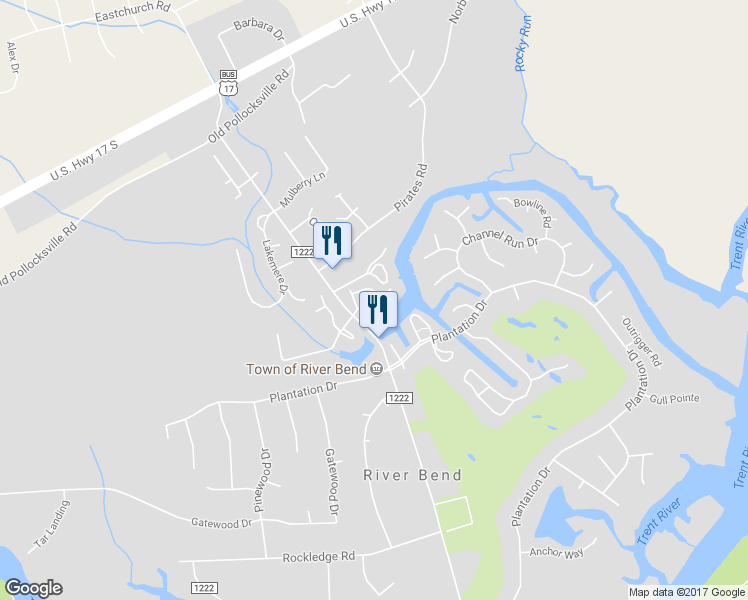 map of restaurants, bars, coffee shops, grocery stores, and more near 23 Pier Pointe in New Bern