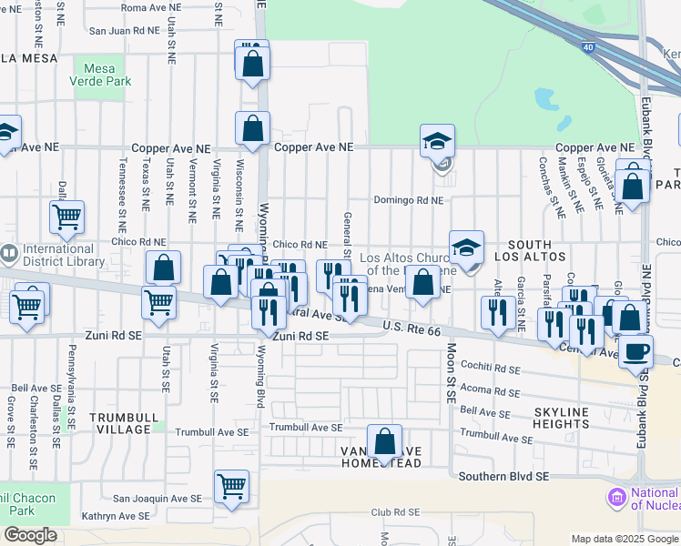 map of restaurants, bars, coffee shops, grocery stores, and more near 121 General Stilwell Street Northeast in Albuquerque