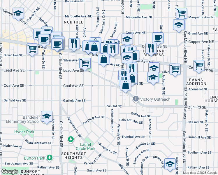 map of restaurants, bars, coffee shops, grocery stores, and more near 433 Graceland Drive Southeast in Albuquerque