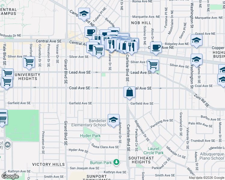map of restaurants, bars, coffee shops, grocery stores, and more near 411 Amherst Drive Southeast in Albuquerque