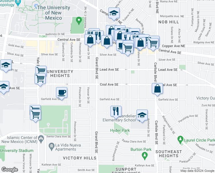 map of restaurants, bars, coffee shops, grocery stores, and more near 413 Richmond Drive Southeast in Albuquerque