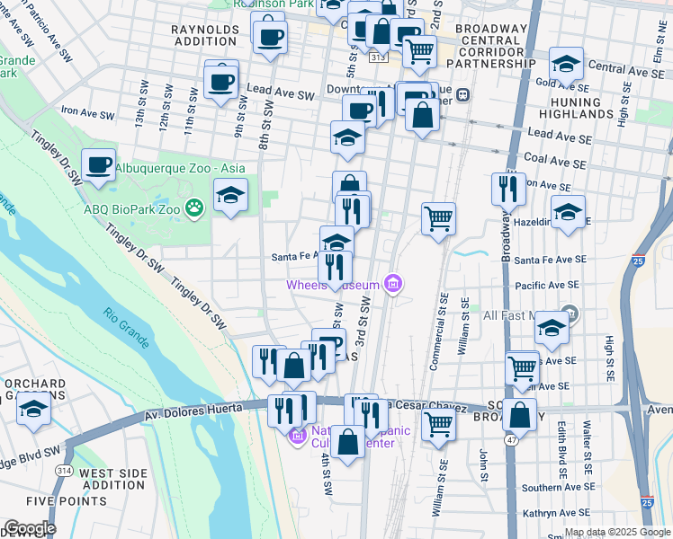 map of restaurants, bars, coffee shops, grocery stores, and more near 420 Pacific Avenue Southwest in Albuquerque