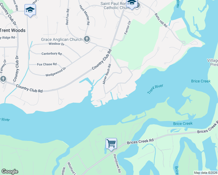 map of restaurants, bars, coffee shops, grocery stores, and more near 113 Trent Shores Dr in Trent Woods