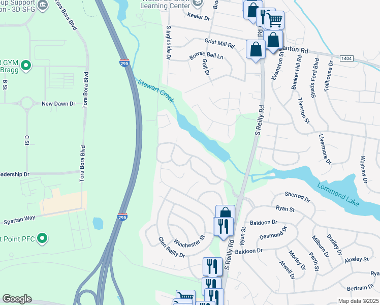 map of restaurants, bars, coffee shops, grocery stores, and more near 1022 Brookhollow Drive in Fayetteville