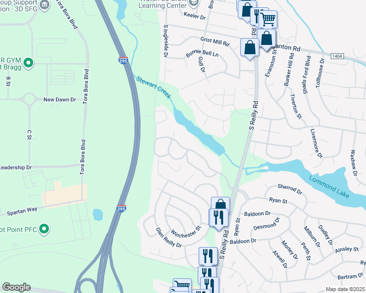 map of restaurants, bars, coffee shops, grocery stores, and more near 1010 Wood Creek Drive in Fayetteville