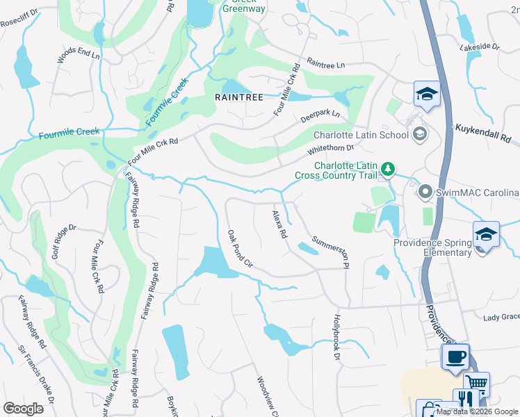 map of restaurants, bars, coffee shops, grocery stores, and more near 6000 Derry Hill Place in Charlotte