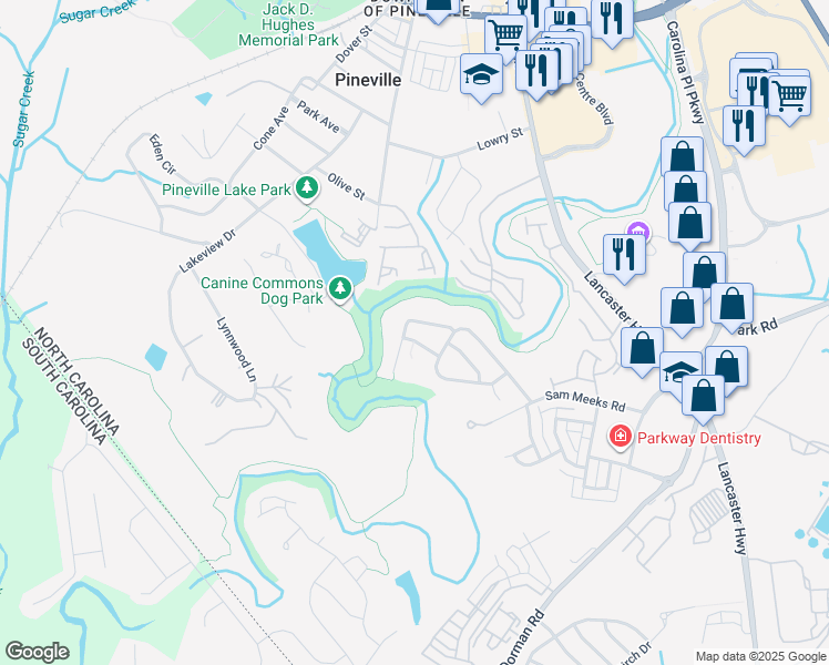 map of restaurants, bars, coffee shops, grocery stores, and more near 929 Standen Place Court in Pineville
