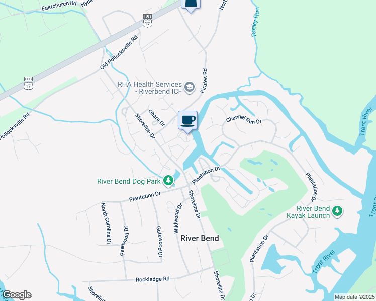 map of restaurants, bars, coffee shops, grocery stores, and more near 31 Pier Pointe in New Bern
