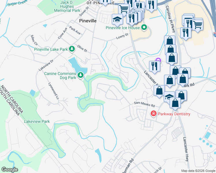map of restaurants, bars, coffee shops, grocery stores, and more near in Pineville