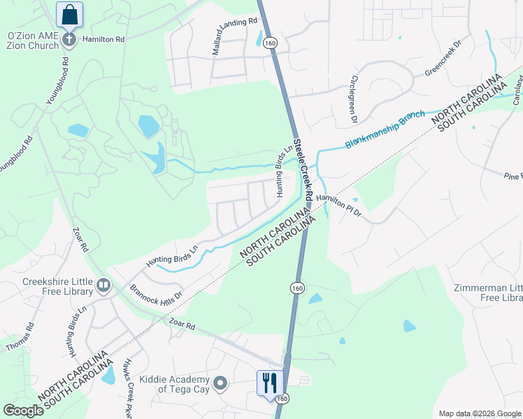 map of restaurants, bars, coffee shops, grocery stores, and more near 12431 Hunting Birds Lane in Charlotte