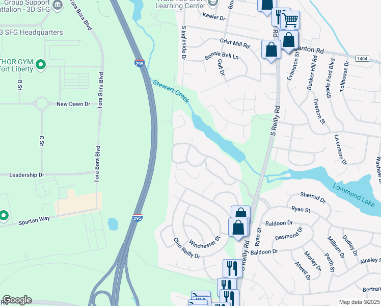 map of restaurants, bars, coffee shops, grocery stores, and more near 1022 Wood Creek Drive in Fayetteville