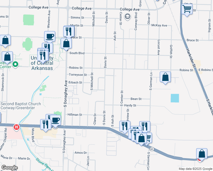 map of restaurants, bars, coffee shops, grocery stores, and more near 400 South Davis Street in Conway