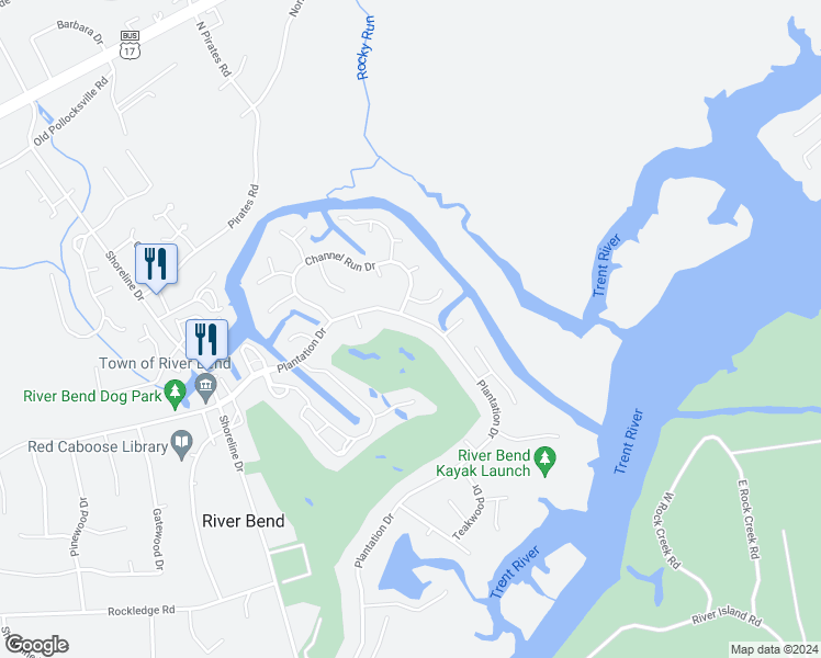 map of restaurants, bars, coffee shops, grocery stores, and more near 723 Plantation Drive in New Bern