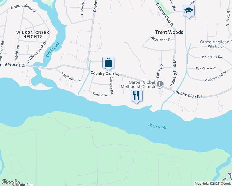 map of restaurants, bars, coffee shops, grocery stores, and more near 4403 Tenella Road in Trent Woods