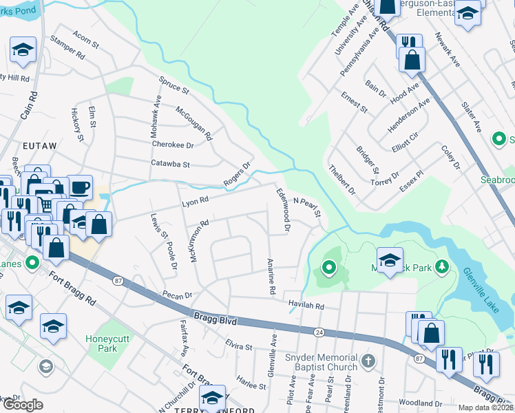 map of restaurants, bars, coffee shops, grocery stores, and more near 1008 Anarine Road in Fayetteville