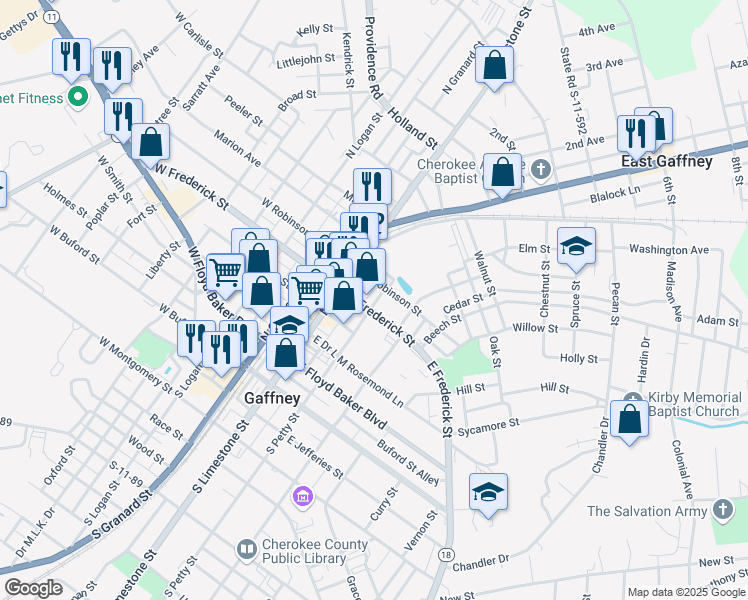 map of restaurants, bars, coffee shops, grocery stores, and more near 217 East Frederick Street in Gaffney