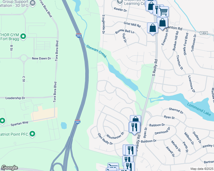 map of restaurants, bars, coffee shops, grocery stores, and more near 1010 Wood Creek Drive in Fayetteville