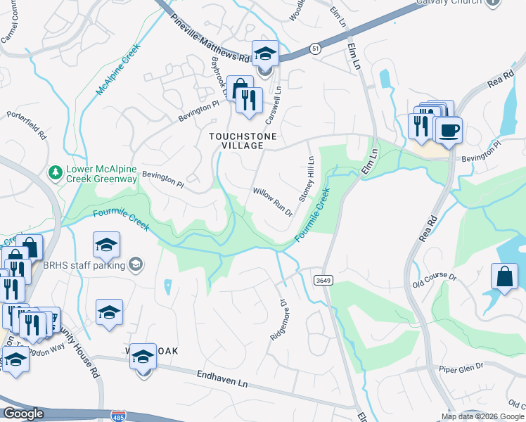map of restaurants, bars, coffee shops, grocery stores, and more near 6332 Willow Run Drive in Charlotte