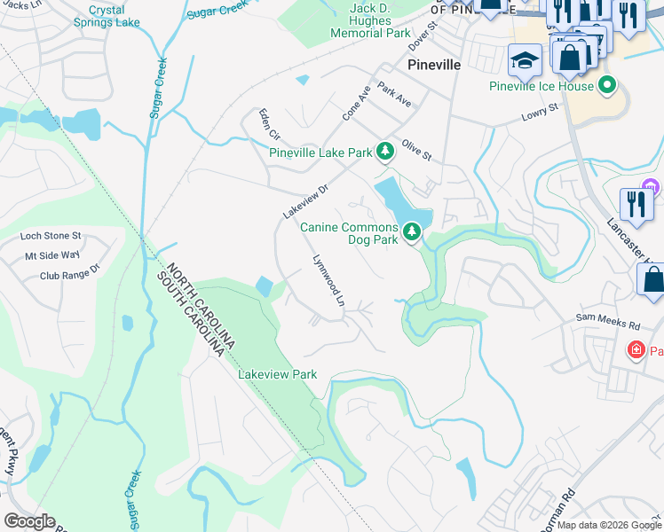 map of restaurants, bars, coffee shops, grocery stores, and more near 212 Mallard Drive in Pineville