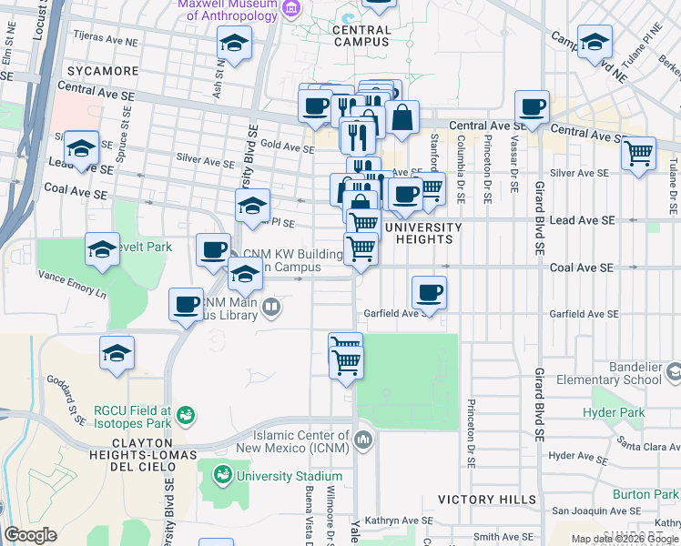 map of restaurants, bars, coffee shops, grocery stores, and more near 2129 Coal Avenue Southeast in Albuquerque