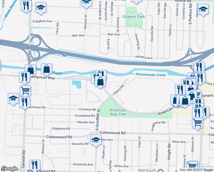 map of restaurants, bars, coffee shops, grocery stores, and more near 4300 American Way in Memphis
