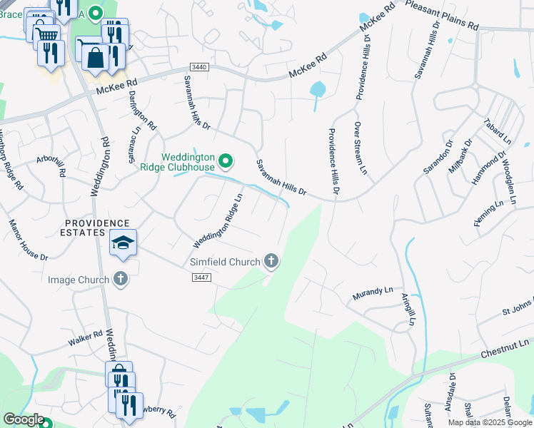 map of restaurants, bars, coffee shops, grocery stores, and more near 2519 Hampton Glen Court in Matthews