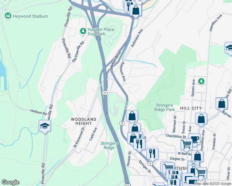 map of restaurants, bars, coffee shops, grocery stores, and more near Stringer Ridge Road in Chattanooga