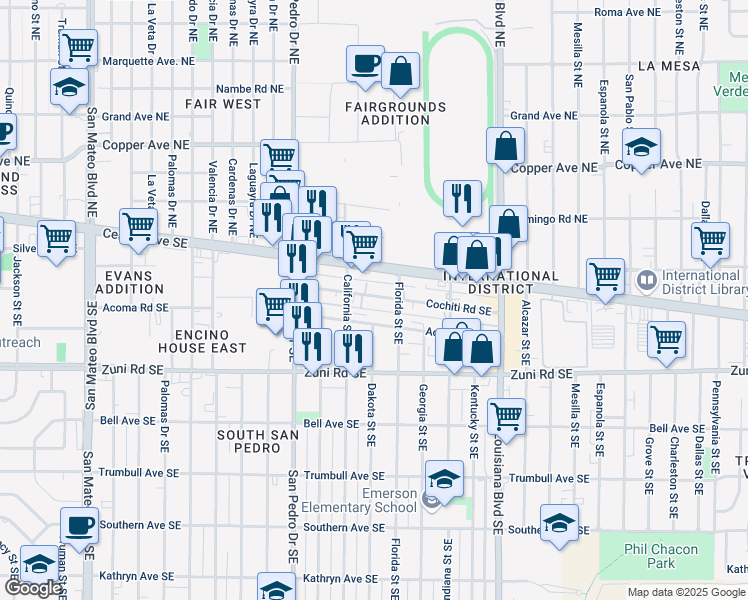 map of restaurants, bars, coffee shops, grocery stores, and more near 6610 Central Avenue Southeast in Albuquerque