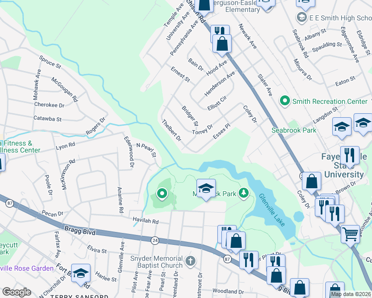 map of restaurants, bars, coffee shops, grocery stores, and more near 1350 Bridger Street in Fayetteville