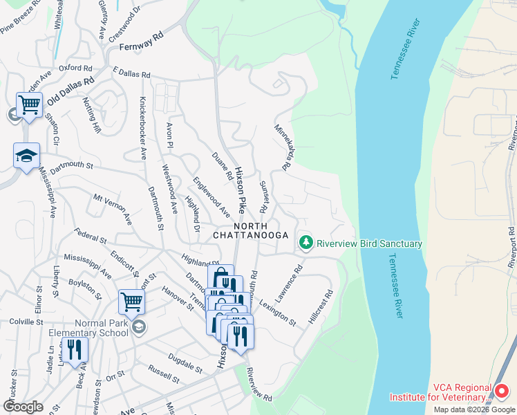 map of restaurants, bars, coffee shops, grocery stores, and more near 1525 Sunset Road in Chattanooga