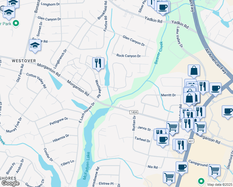 map of restaurants, bars, coffee shops, grocery stores, and more near 349 Waterdown Drive in Fayetteville