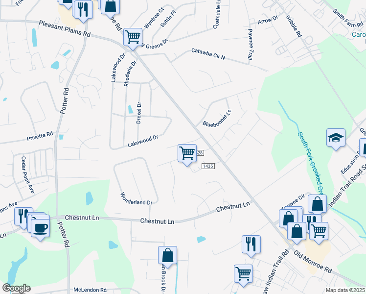 map of restaurants, bars, coffee shops, grocery stores, and more near 5059 Poplar Glen Drive in Matthews