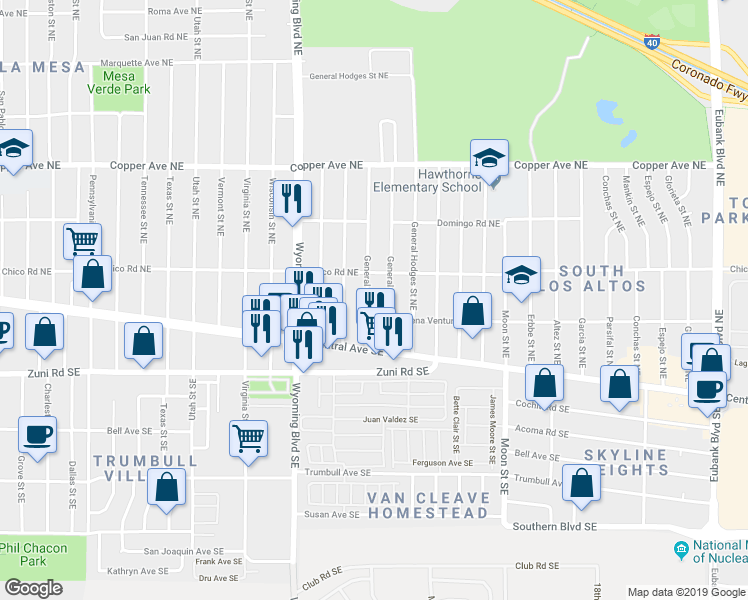 map of restaurants, bars, coffee shops, grocery stores, and more near 233 General Stilwell Street Northeast in Albuquerque