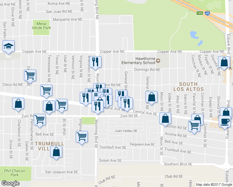 map of restaurants, bars, coffee shops, grocery stores, and more near 150 General Bradley Street Northeast in Albuquerque