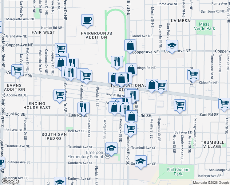 map of restaurants, bars, coffee shops, grocery stores, and more near 6904 Central Avenue Southeast in Albuquerque