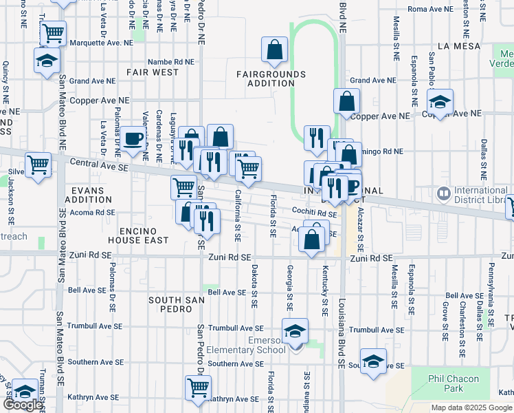 map of restaurants, bars, coffee shops, grocery stores, and more near 6610 Central Avenue Southeast in Albuquerque