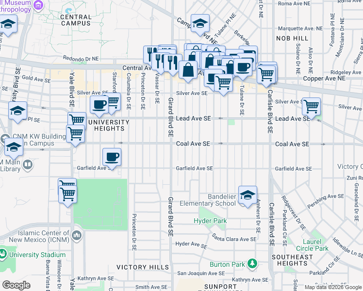 map of restaurants, bars, coffee shops, grocery stores, and more near in Albuquerque